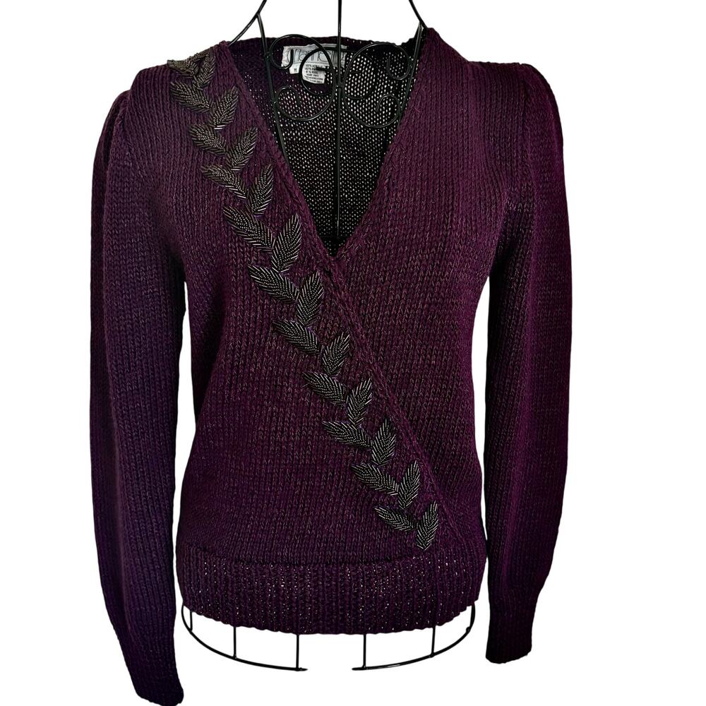 Rare Vintage 80's Nannel Purple Beaded Hand Knit Sweater Glam Goth Retro V-Neck